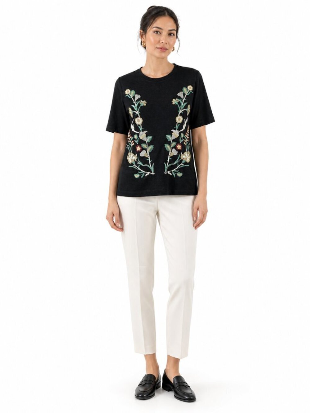 Maje Trinite Black Embroidered Linen T-Shirt Floral Mirror Stitch Size 1 (S)